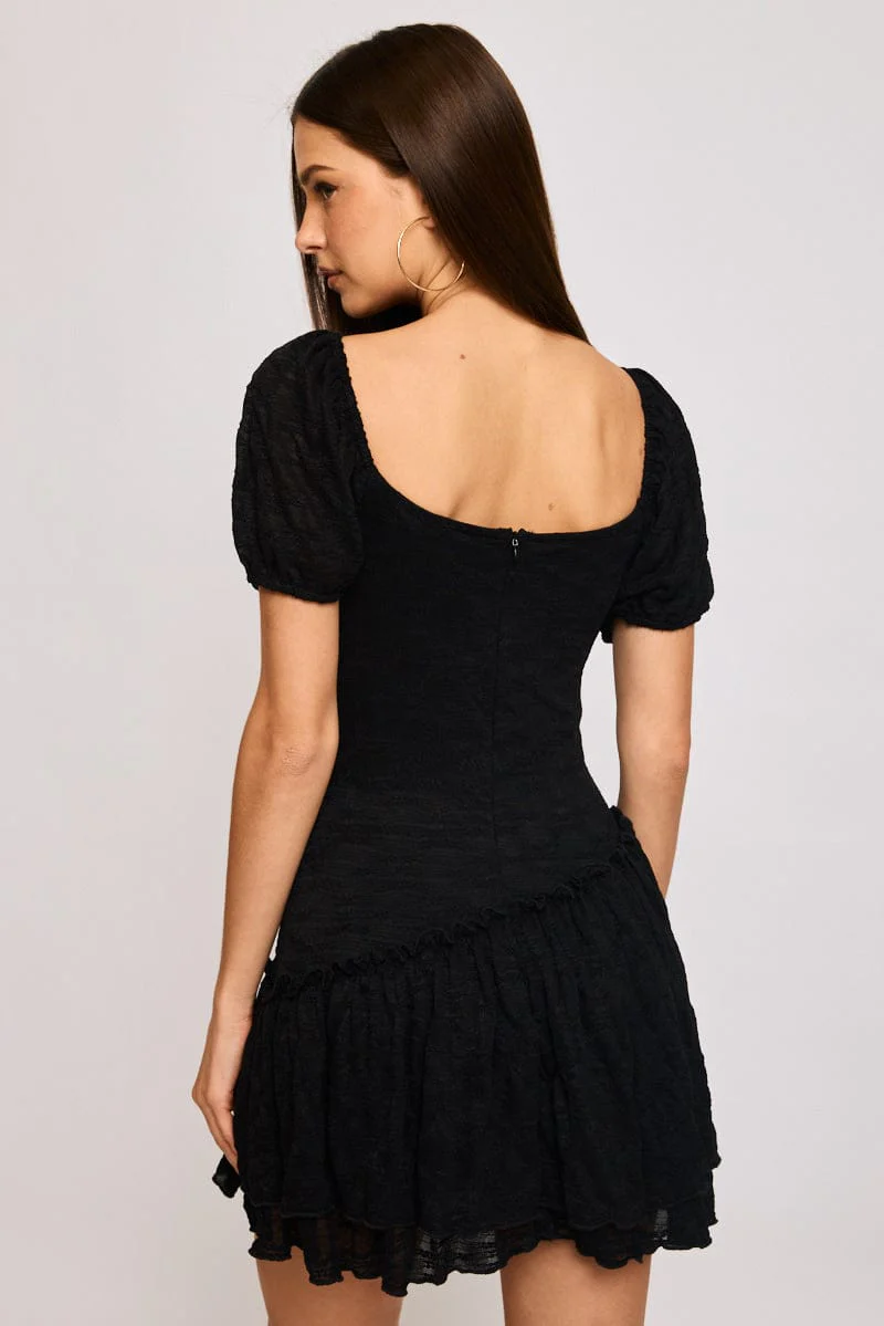 Black Playsuit Puff Sleeve Lace Fabric - Image 4