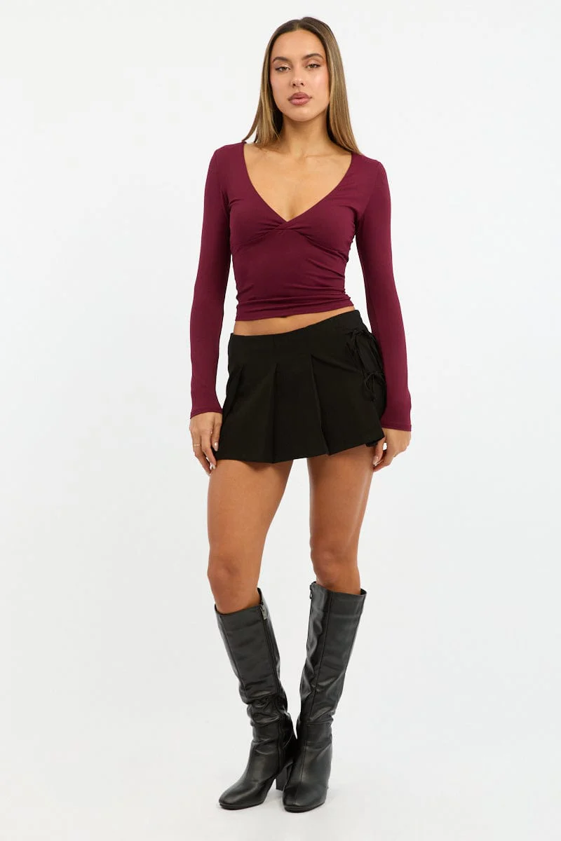 Black Pleated Skort Skirt High Waisted Mini Bow Detail - Image 2