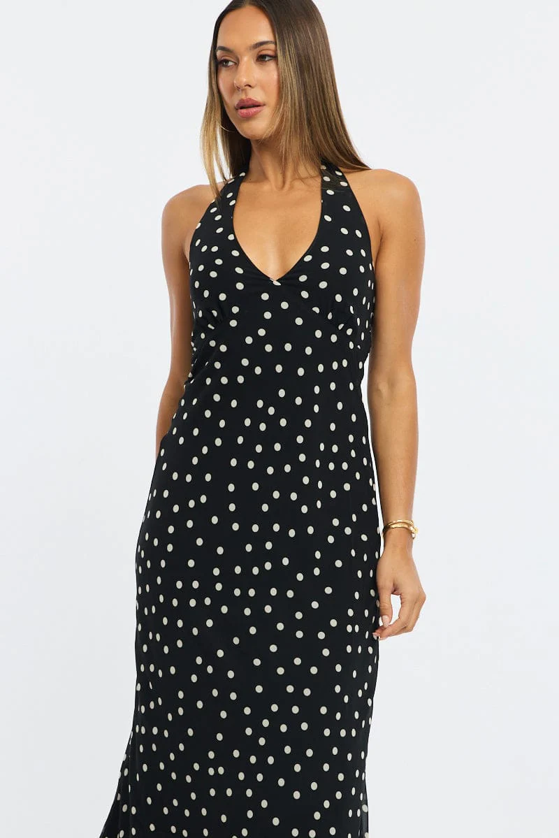 Black Polka Dot Midi Dress Halter Neck - Image 2