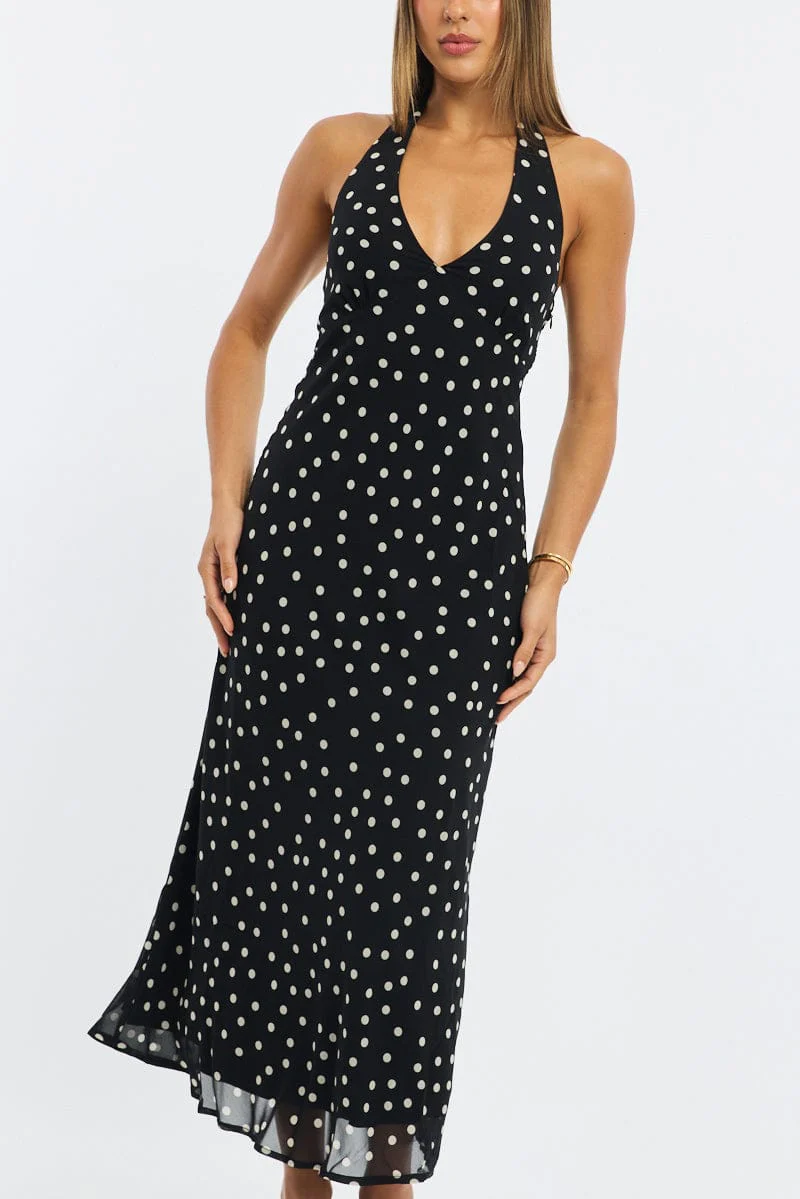 Black Polka Dot Midi Dress Halter Neck - Image 5