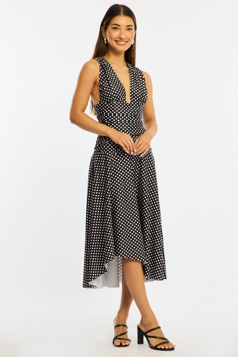 Black Polka Dot Midi Dress Hanky Hem - Image 3