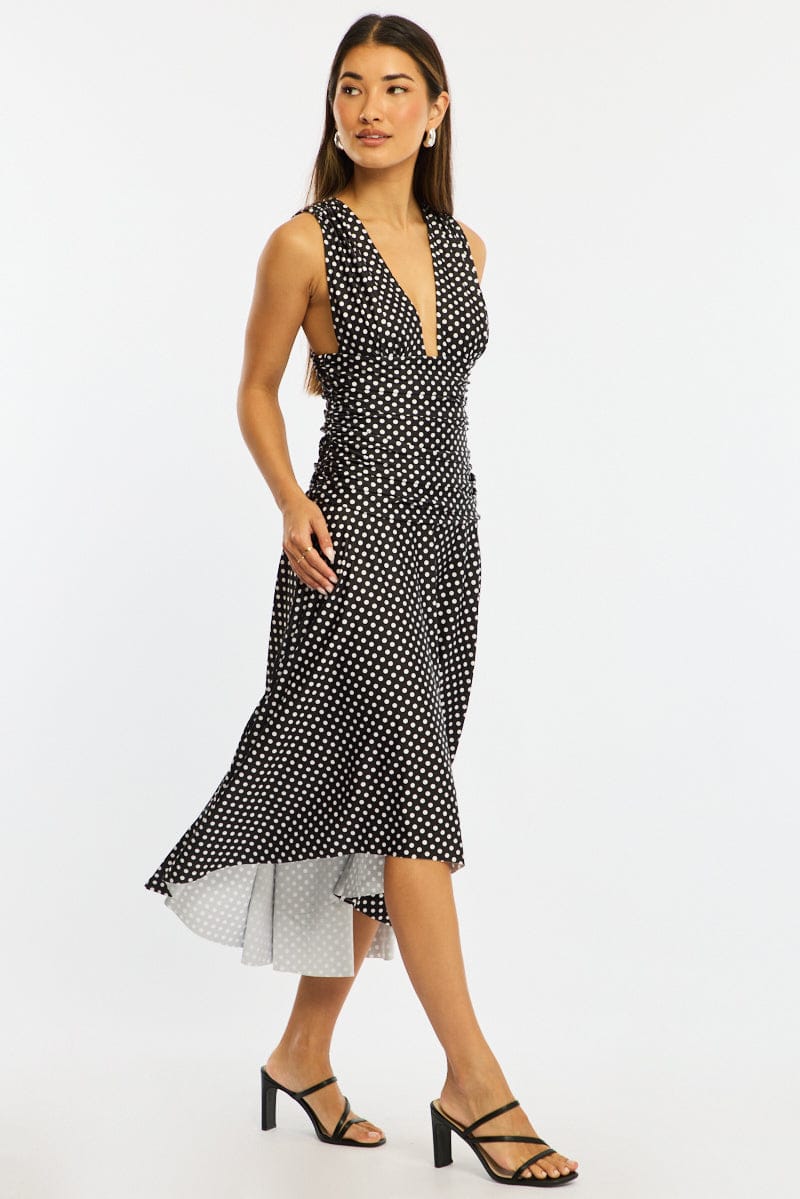 Black Polka Dot Midi Dress Hanky Hem - Image 4