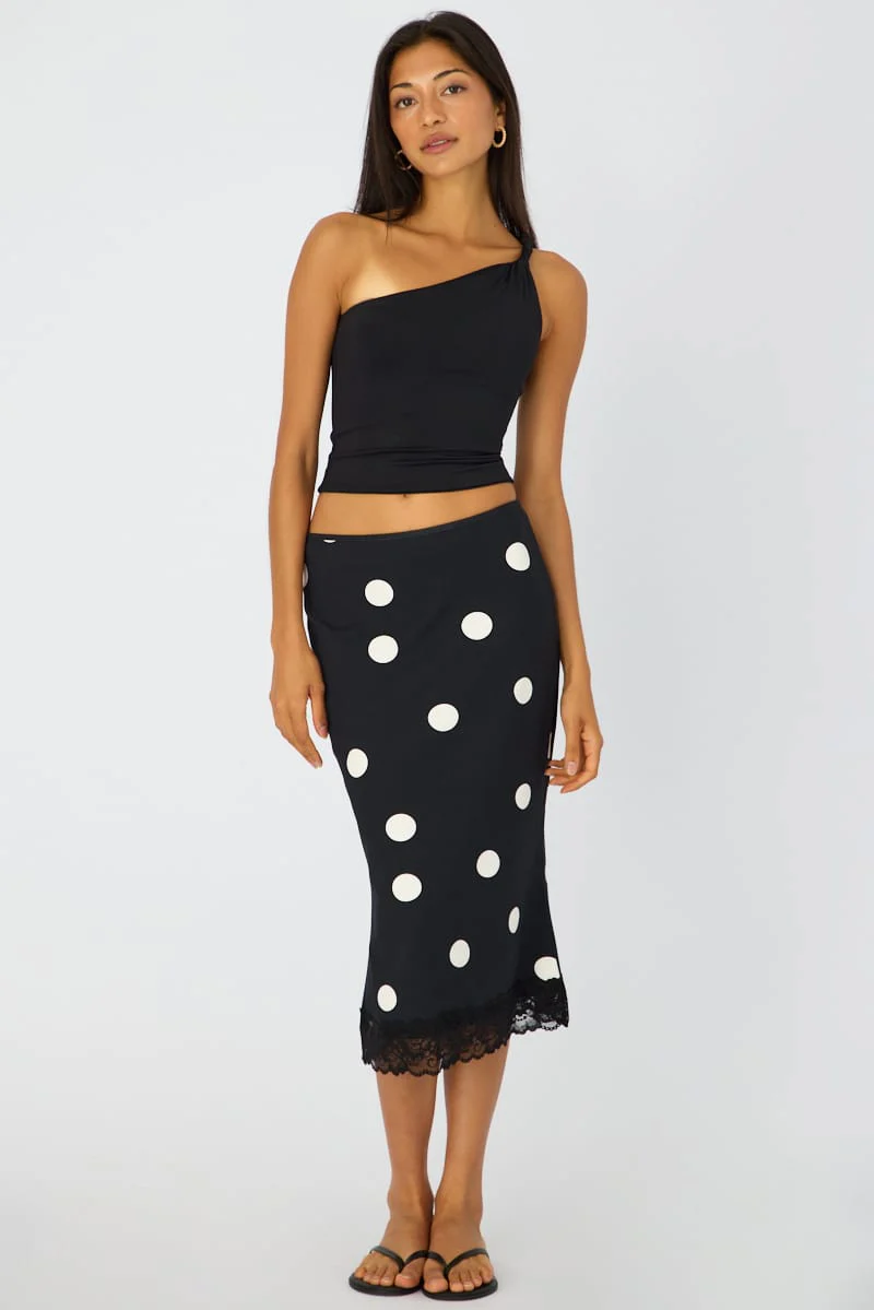 Black Polka Dot Midi Lace Skirt Mid Waisted Calf Length Supersoft - Image 2