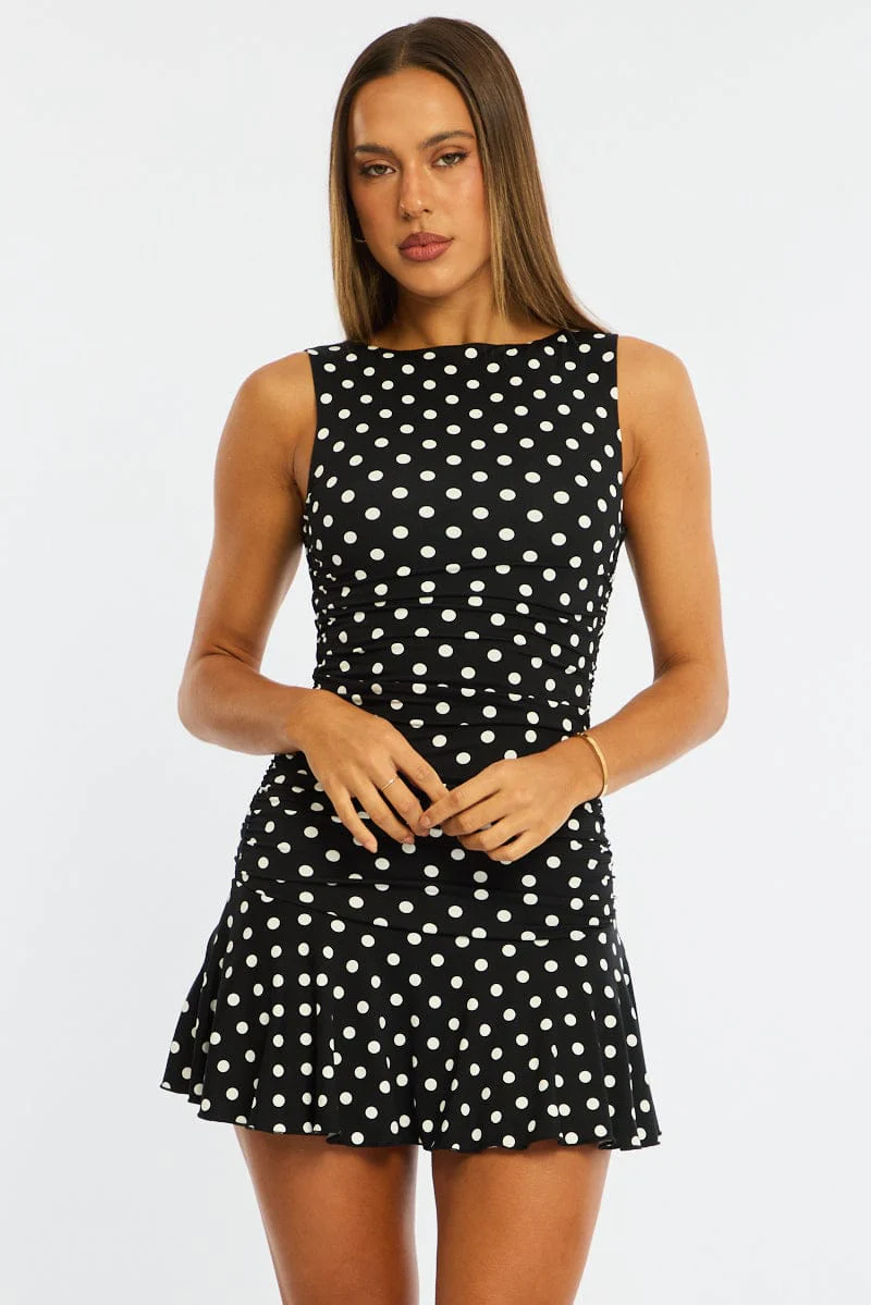 Black Polka Dot Mini Dress Boat Neck - Image 2
