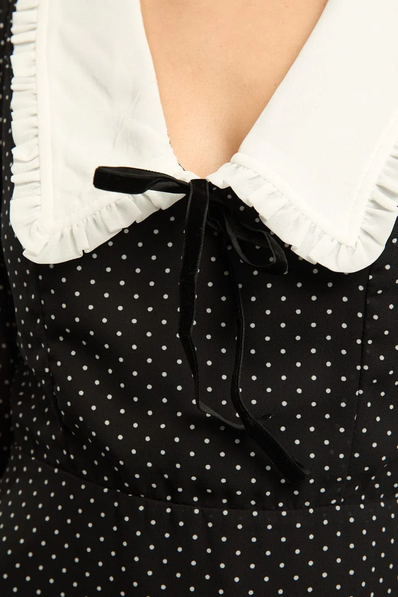 Black Polka Dot Mini Dress Collared - Image 5