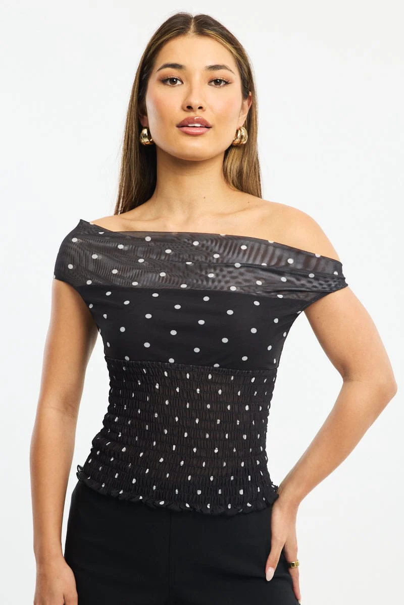 Black Polka Dot One Shoulder Polka Dot Mesh Top - Image 2