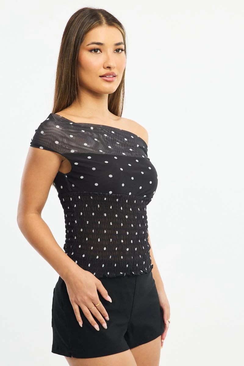 Black Polka Dot One Shoulder Polka Dot Mesh Top - Image 4