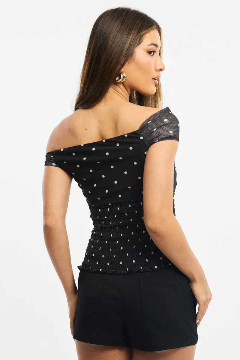 Black Polka Dot One Shoulder Polka Dot Mesh Top - Image 5
