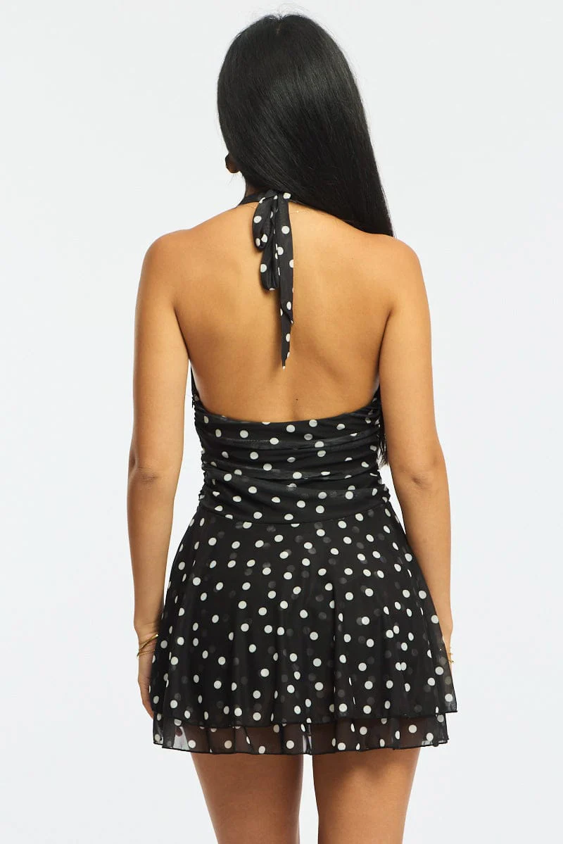 Black Polka Dot Playsuit V-neck Mesh - Image 5