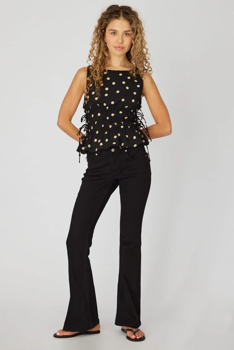Black Polka Dot Ruched Top Sleeveless Boat Neck Bow Details