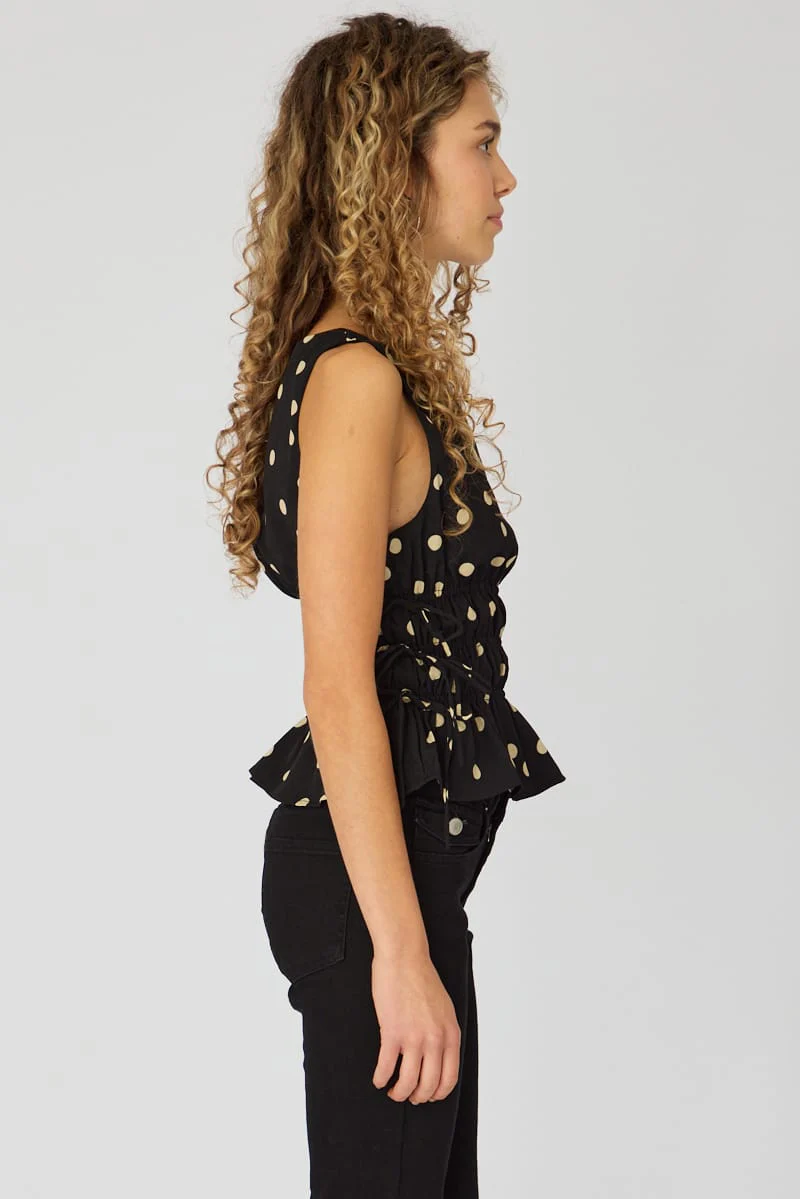 Black Polka Dot Ruched Top Sleeveless Boat Neck Bow Details - Image 4