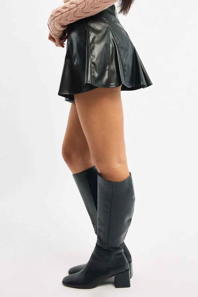 Black Pu Flare Skort Skirt High Waisted Panelled - Image 3
