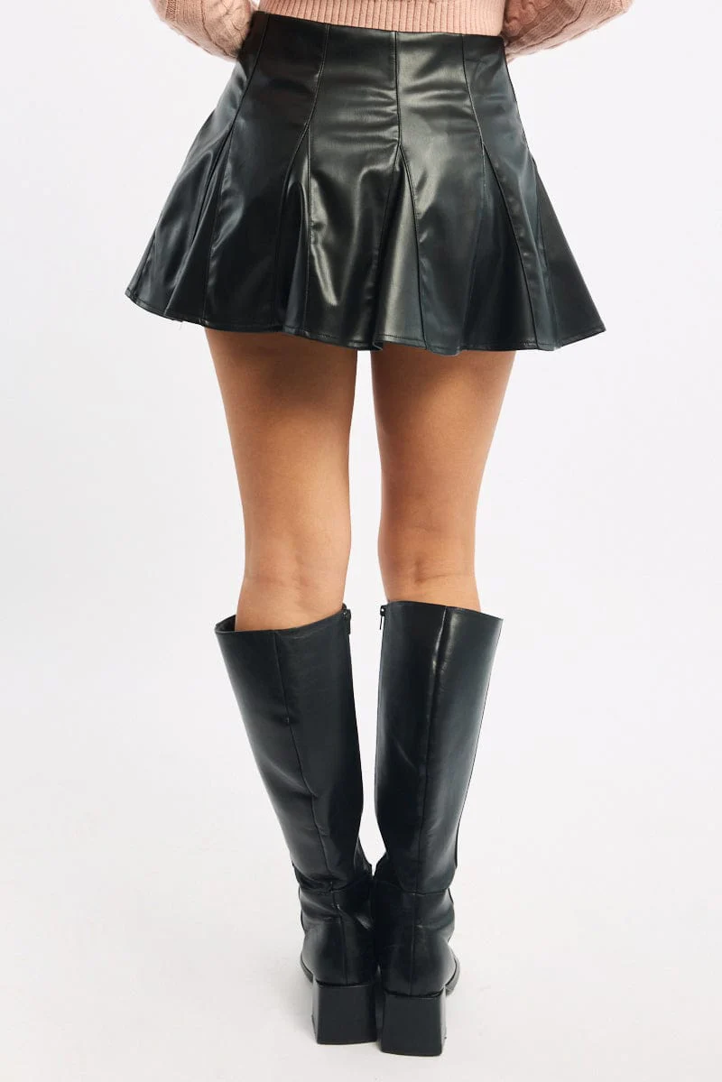 Black Pu Flare Skort Skirt High Waisted Panelled - Image 4