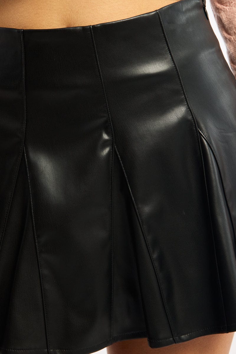 Black Pu Flare Skort Skirt High Waisted Panelled - Image 5