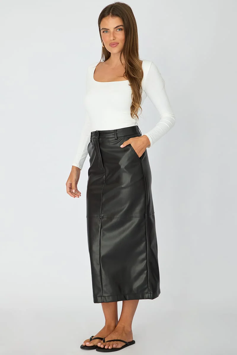 Black Pu Maxi Skirt Pencil Back Slit Faux Leather - Image 5