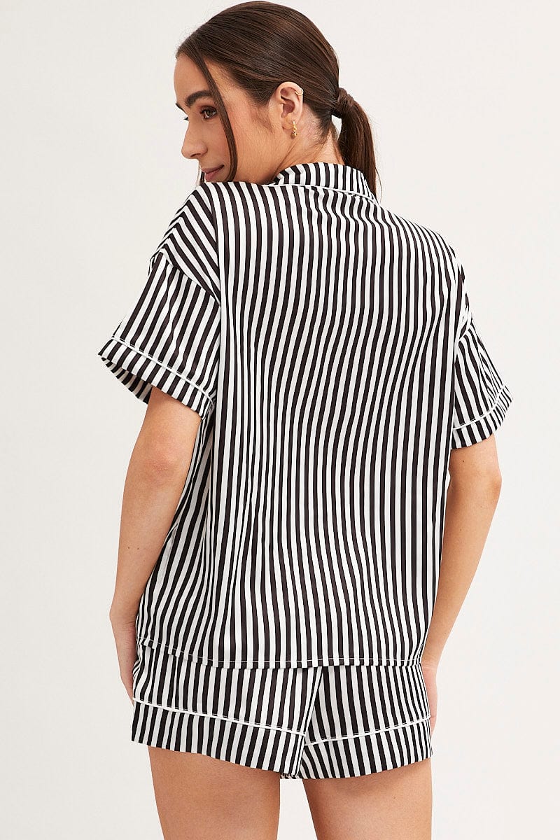BLACK Pyjamas Set Short Sleeve Collared Shorts Satin - Image 5