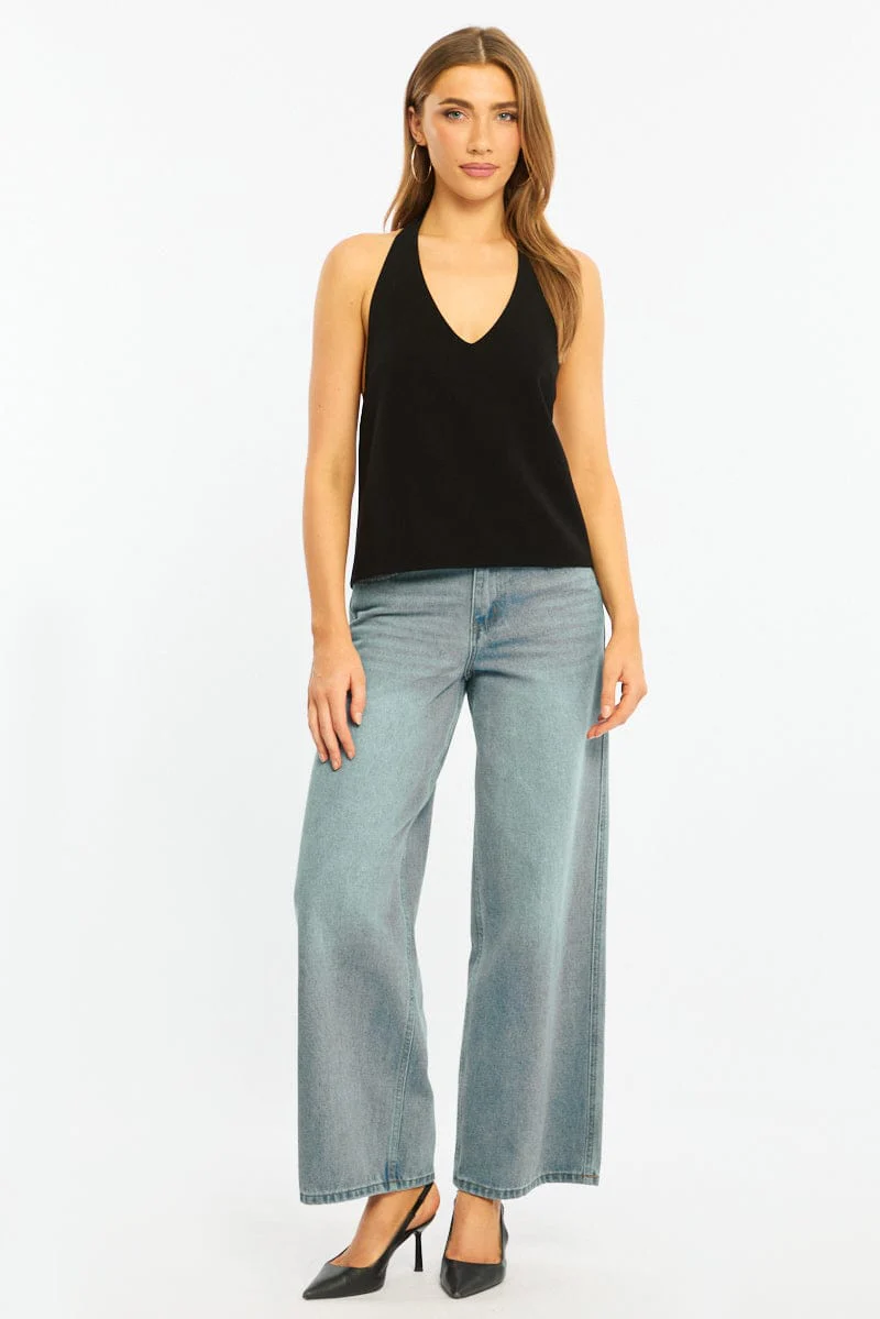 Black Relaxed Tie Back Halter Top - Image 2