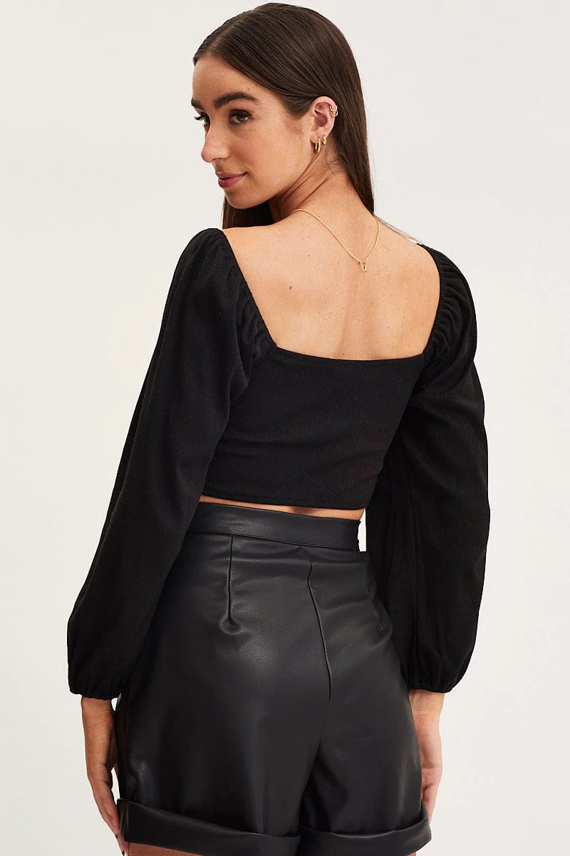 Black Ruched Crop Top Long Sleeve - Image 5