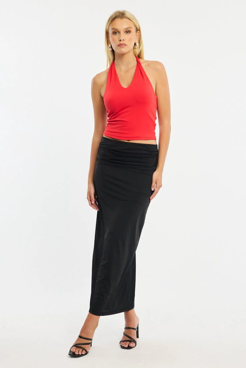 Black Ruched Maxi Skirt Elastic Waist