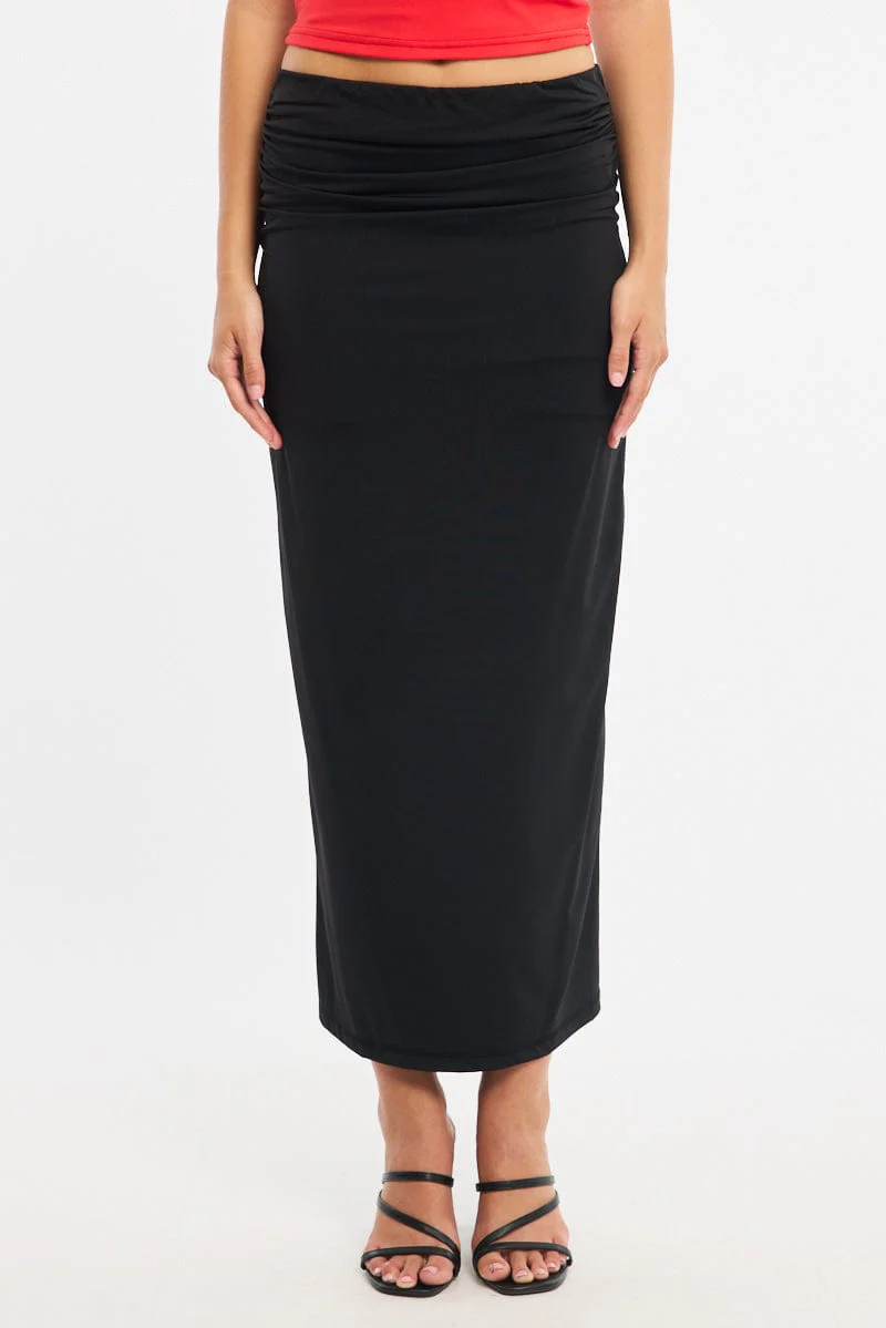 Black Ruched Maxi Skirt Elastic Waist - Image 2
