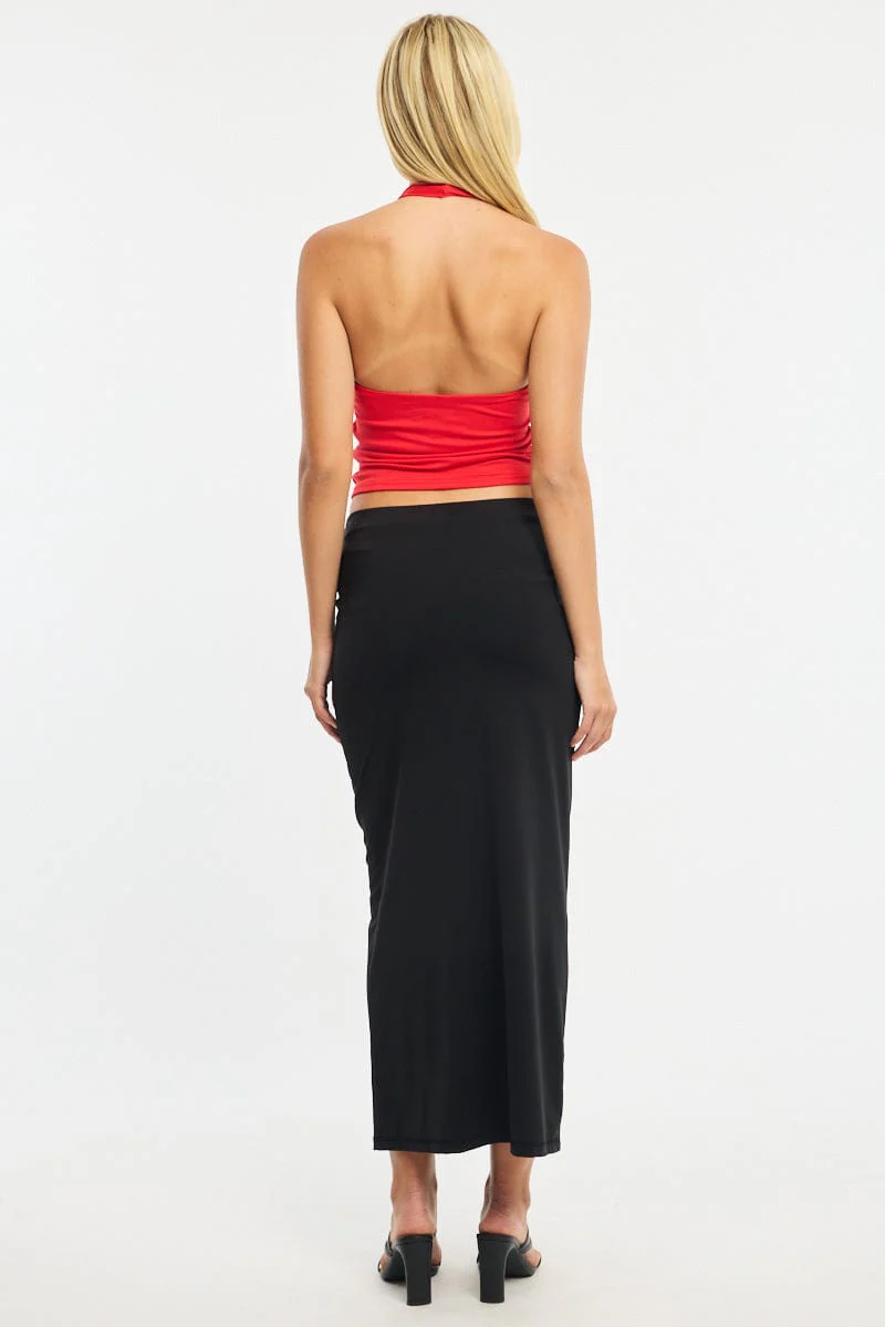Black Ruched Maxi Skirt Elastic Waist - Image 4