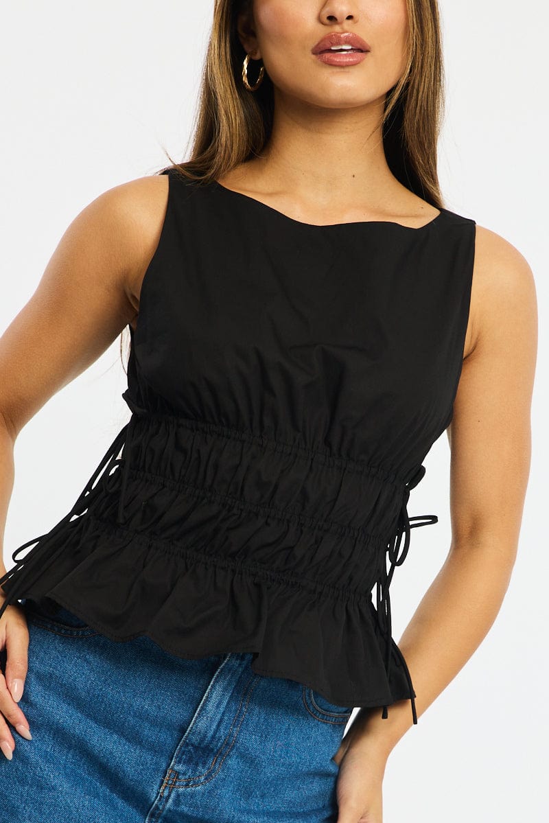 Black Ruched Top Sleeveless Boat Neck Bow Details - Image 5