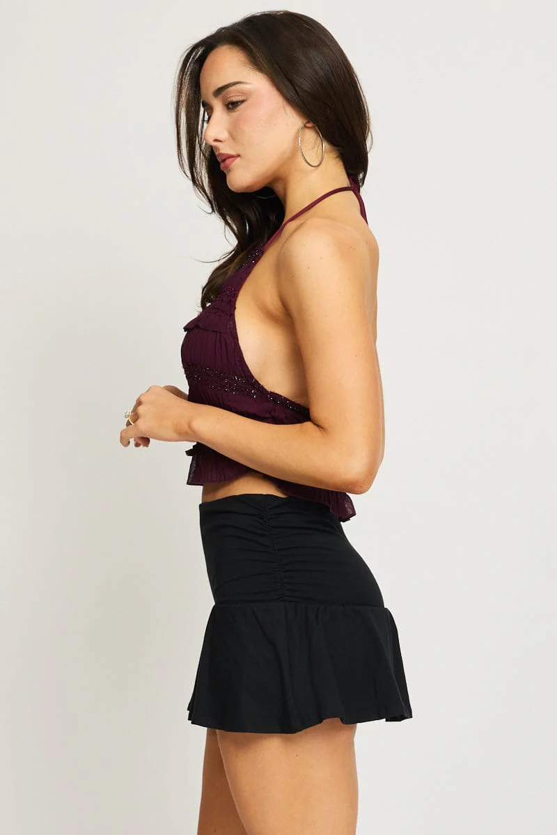 Black Ruched Waist Mini Skort Skirt Shorts Lined - Image 4