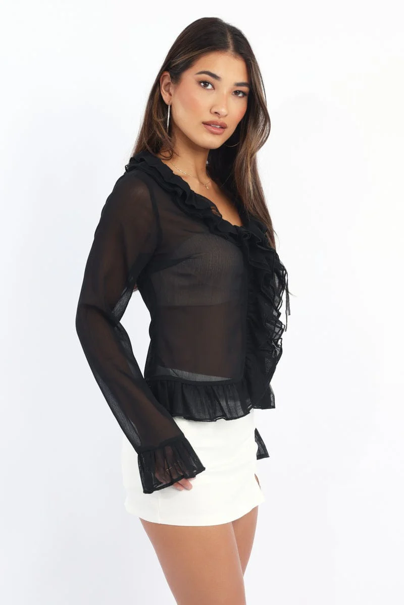 Black Ruffle Top Long Sleeve - Image 3