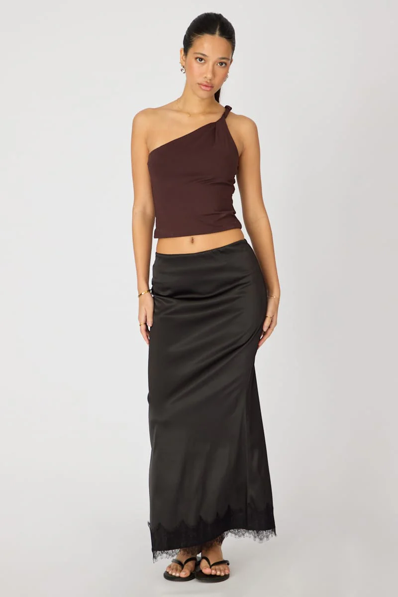 Black Satin Midaxi Skirt Elastic Waist Bias Cut Lined - Image 3