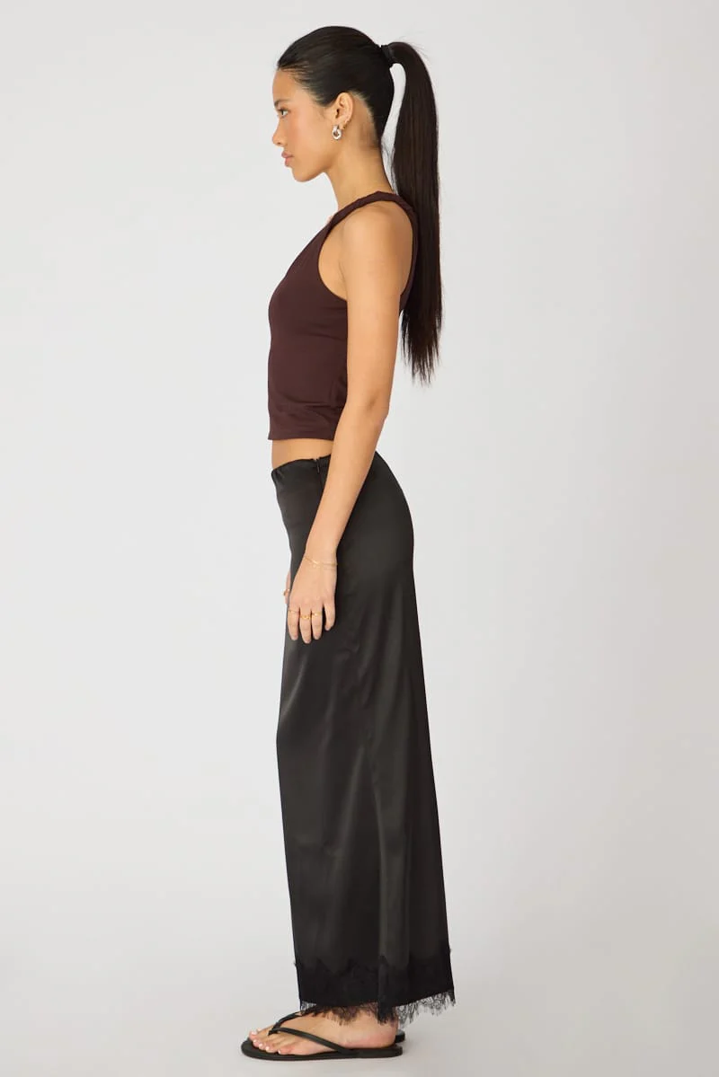 Black Satin Midaxi Skirt Elastic Waist Bias Cut Lined - Image 4