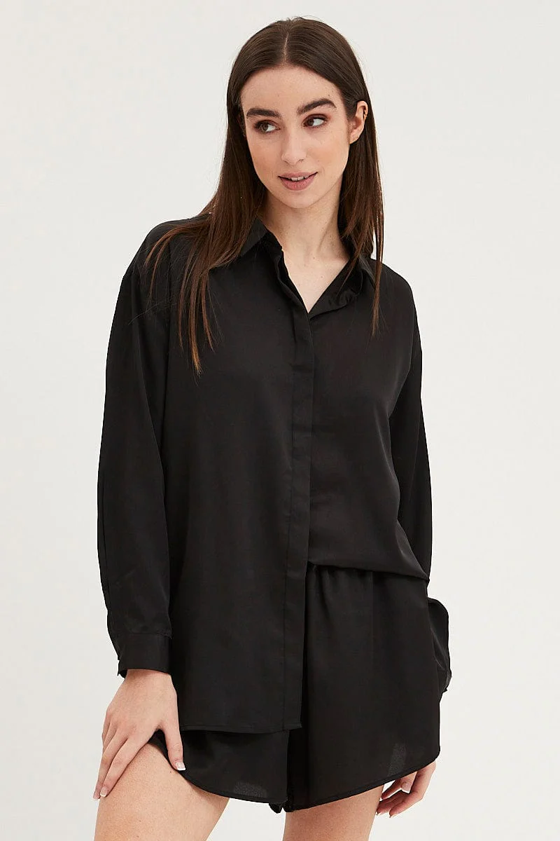 Black Satin Pajamas Set Long Sleeve - Image 3