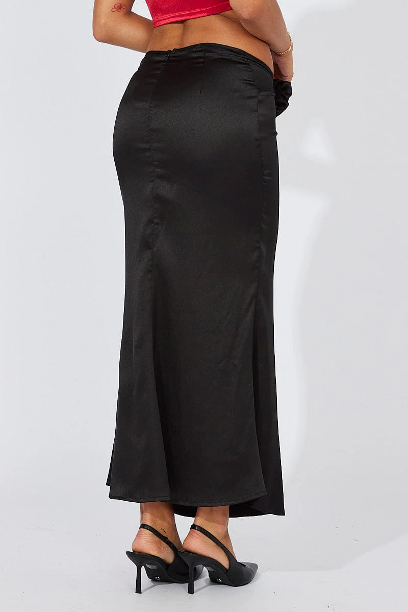 Black Satin Rose Flower Brooch Maxi Skirt - Image 5