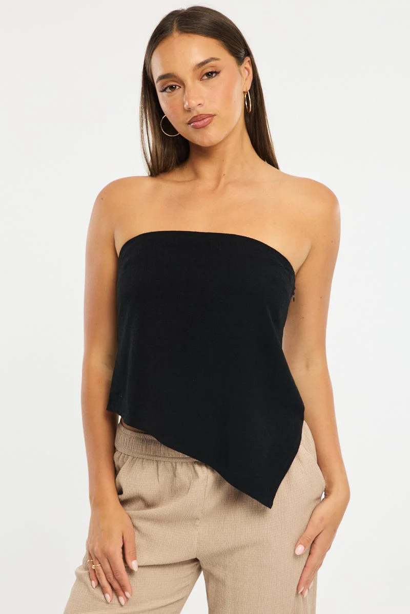 Black Scarf Bandeau Top Sleeveless Strapless Linen Blend