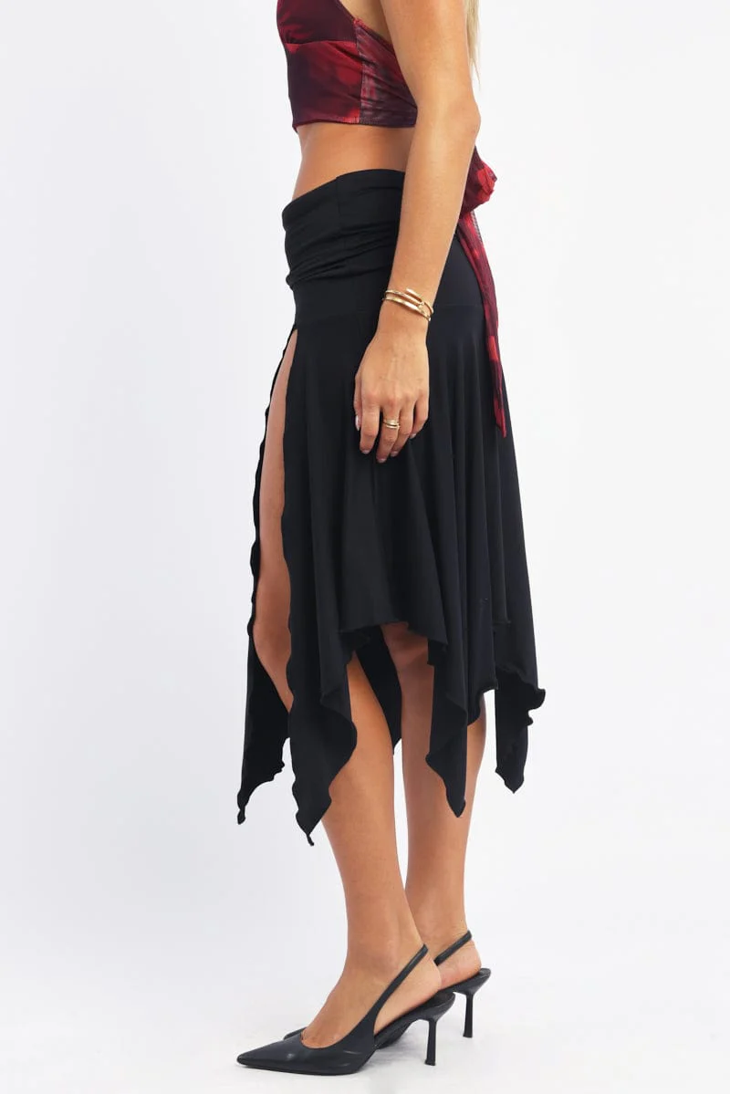 Black Scarf Hem Skirt High Rise Midi Asymm Supersoft - Image 3