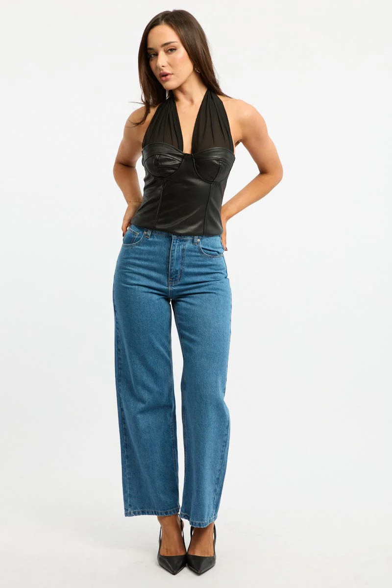 Black Scarf Top Sleeveless Halter Neck Pu Corset - Image 2