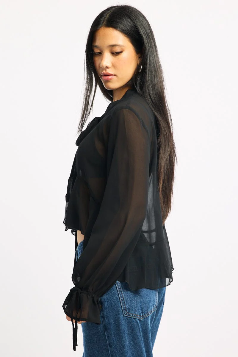 Black Sheer Blouse Tie Neck Long Sleeve Ruffles - Image 3