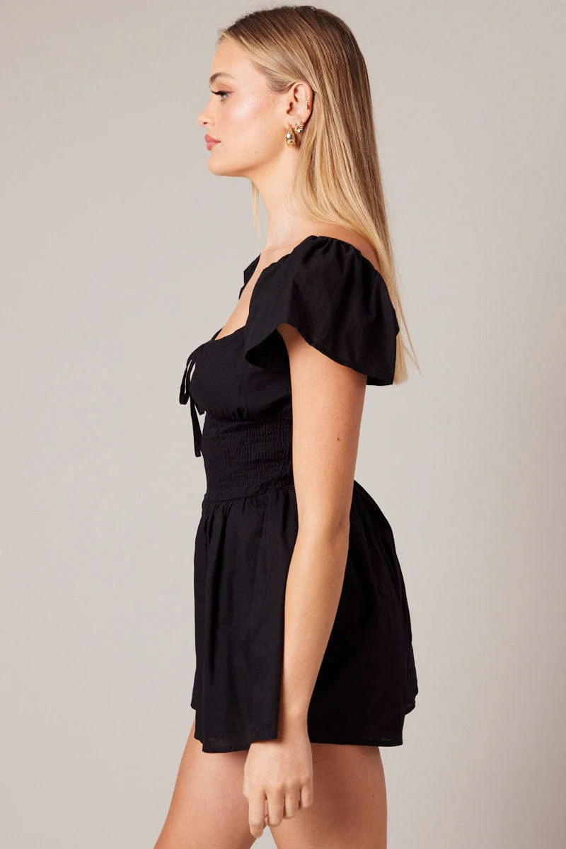Black Shirred Playsuit Short Sleeve - Image 4