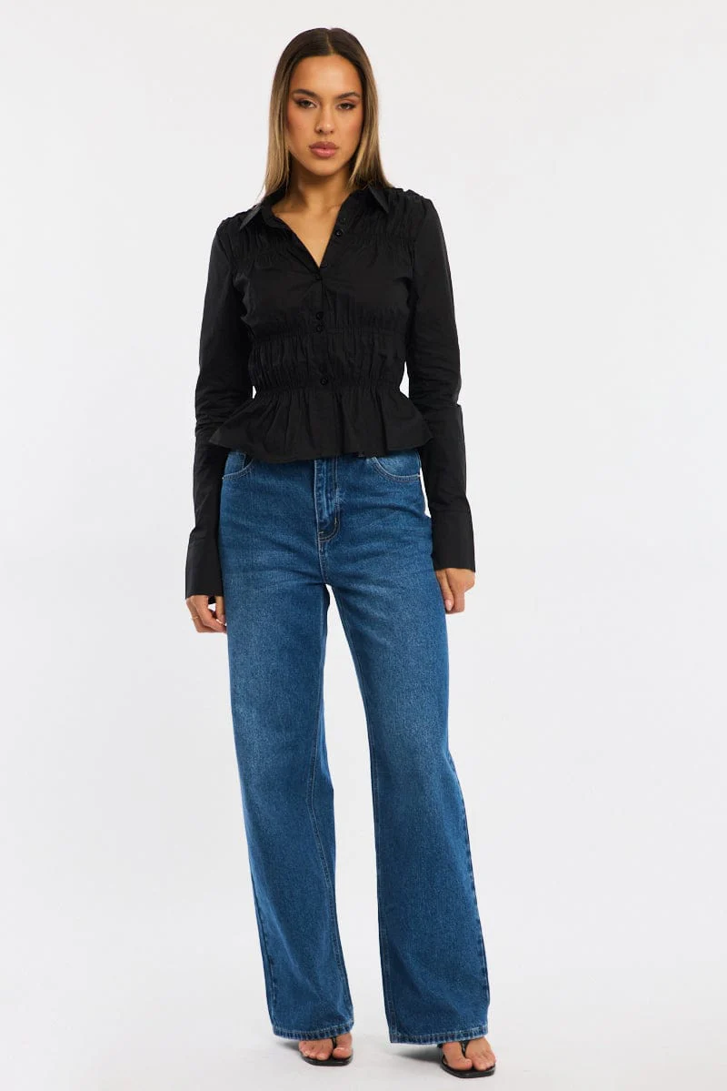 Black Shirred Shirt Long Collared Sleeve Button Up - Image 2