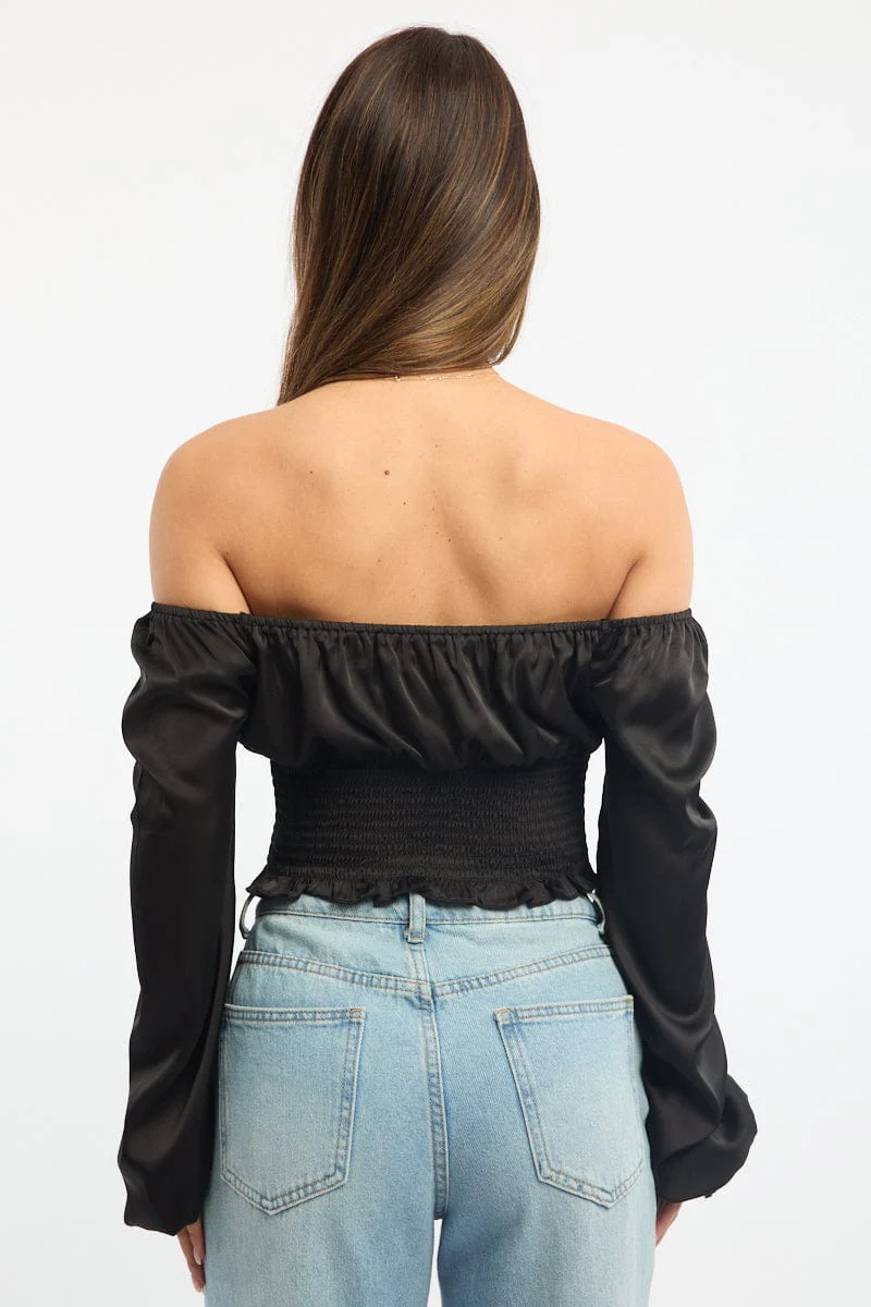 Black Shirred Top Long Sleeve Square Neck Satin - Image 4