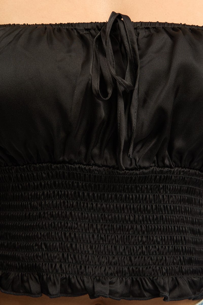 Black Shirred Top Long Sleeve Square Neck Satin - Image 5