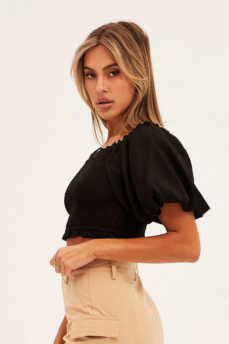 Black Shirred Top Volume Short Sleeve Crop Linen Blend - Image 4