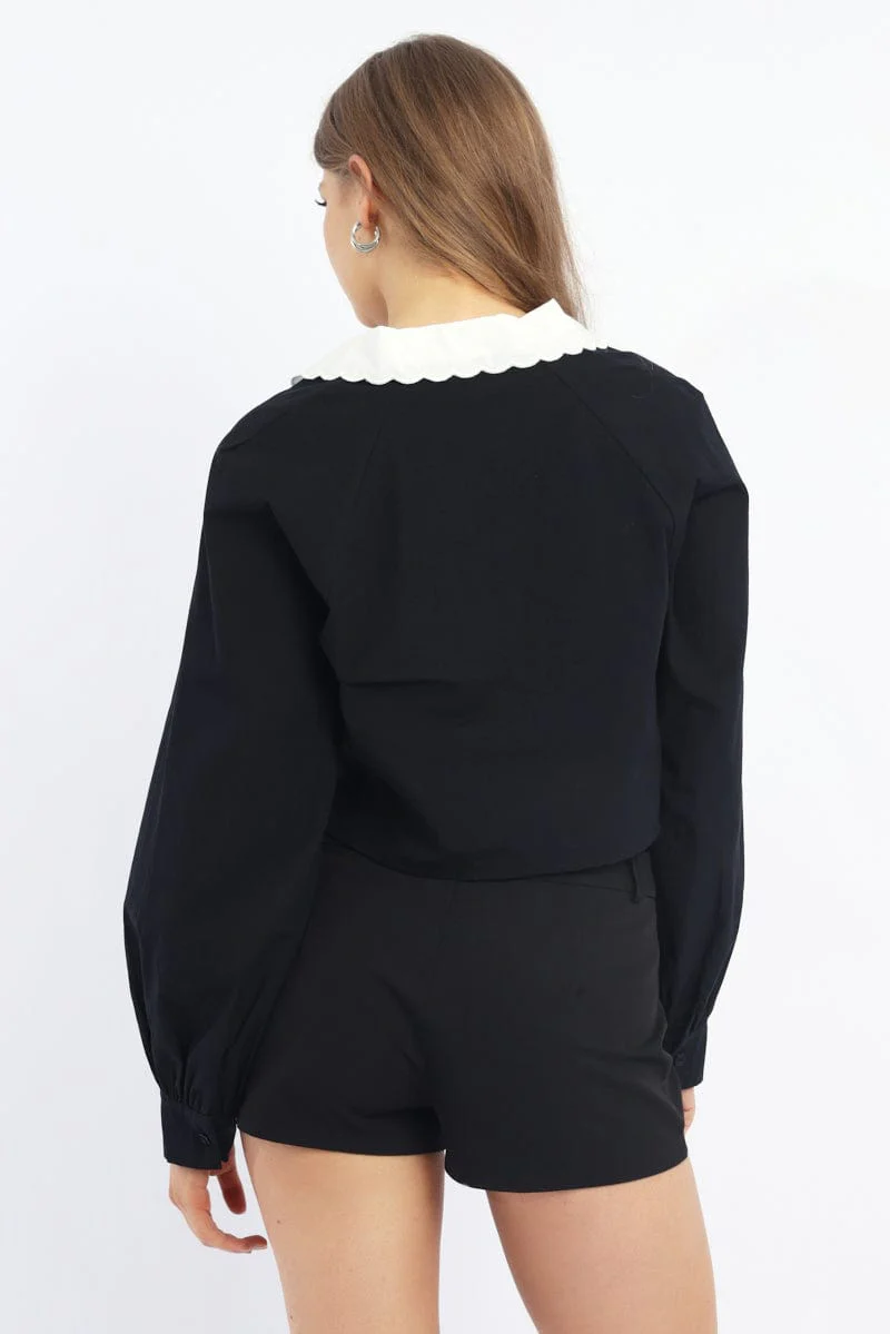 Black Shirt Long Sleeve Peter Pan Collar Button Up - Image 4