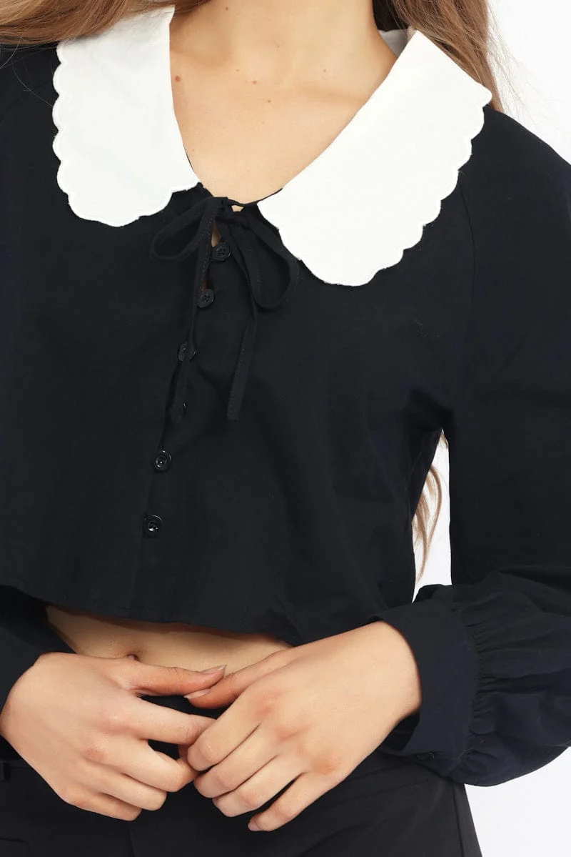 Black Shirt Long Sleeve Peter Pan Collar Button Up - Image 5