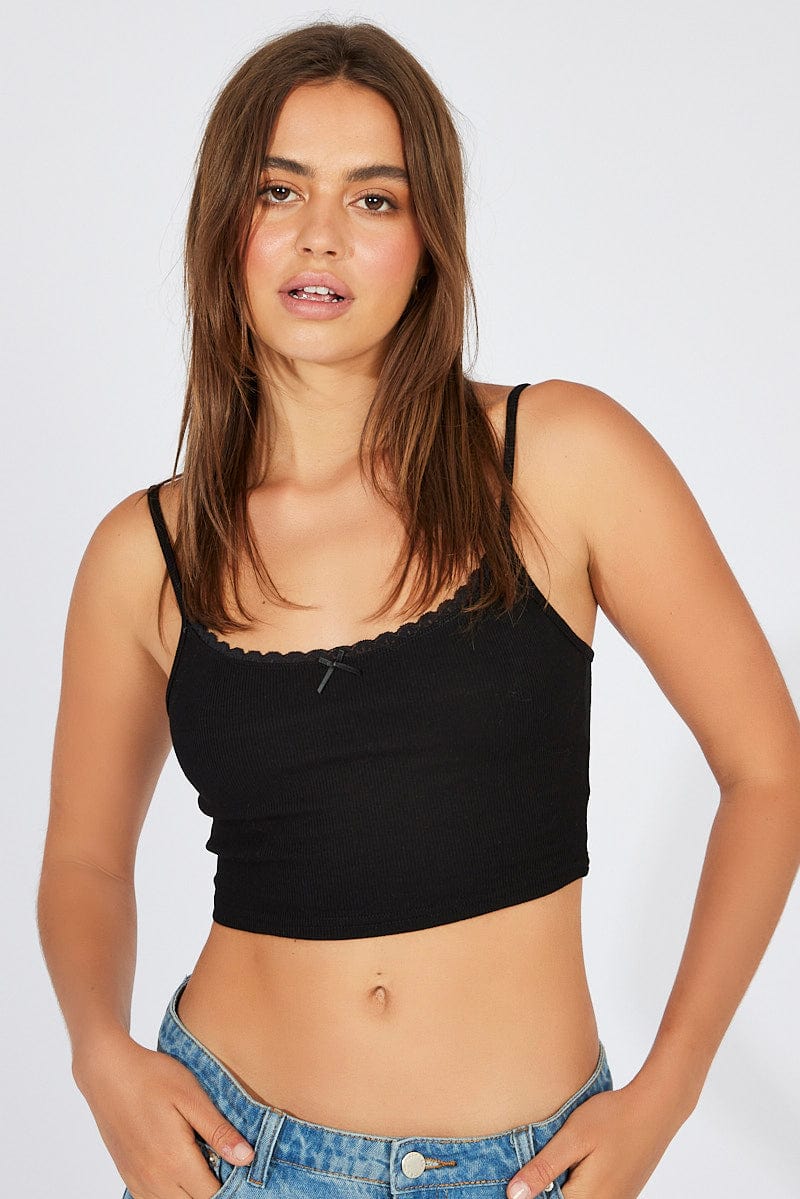 Black Singlet Top Lace Trim Cropped - Image 2