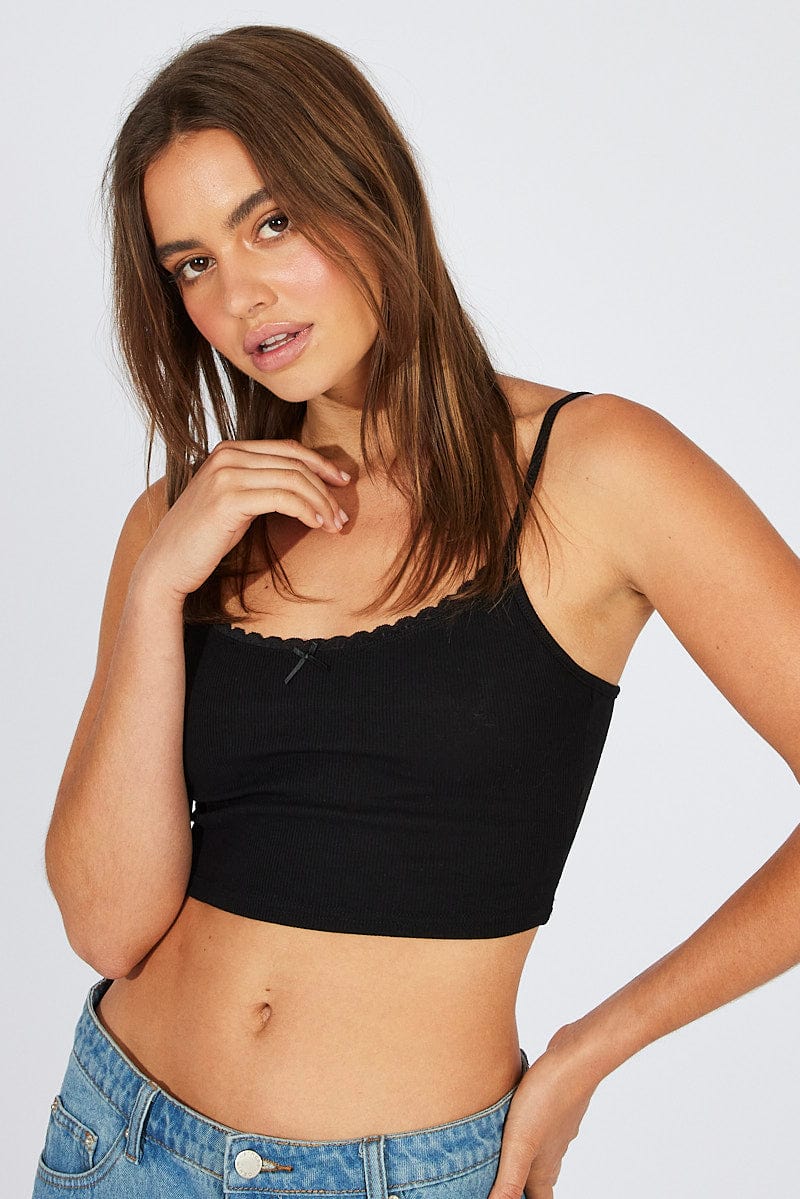 Black Singlet Top Lace Trim Cropped - Image 3