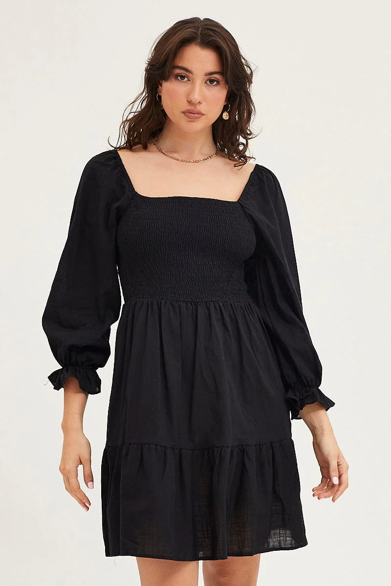 Black Skater Dress Puff Sleeve Mini - Image 3