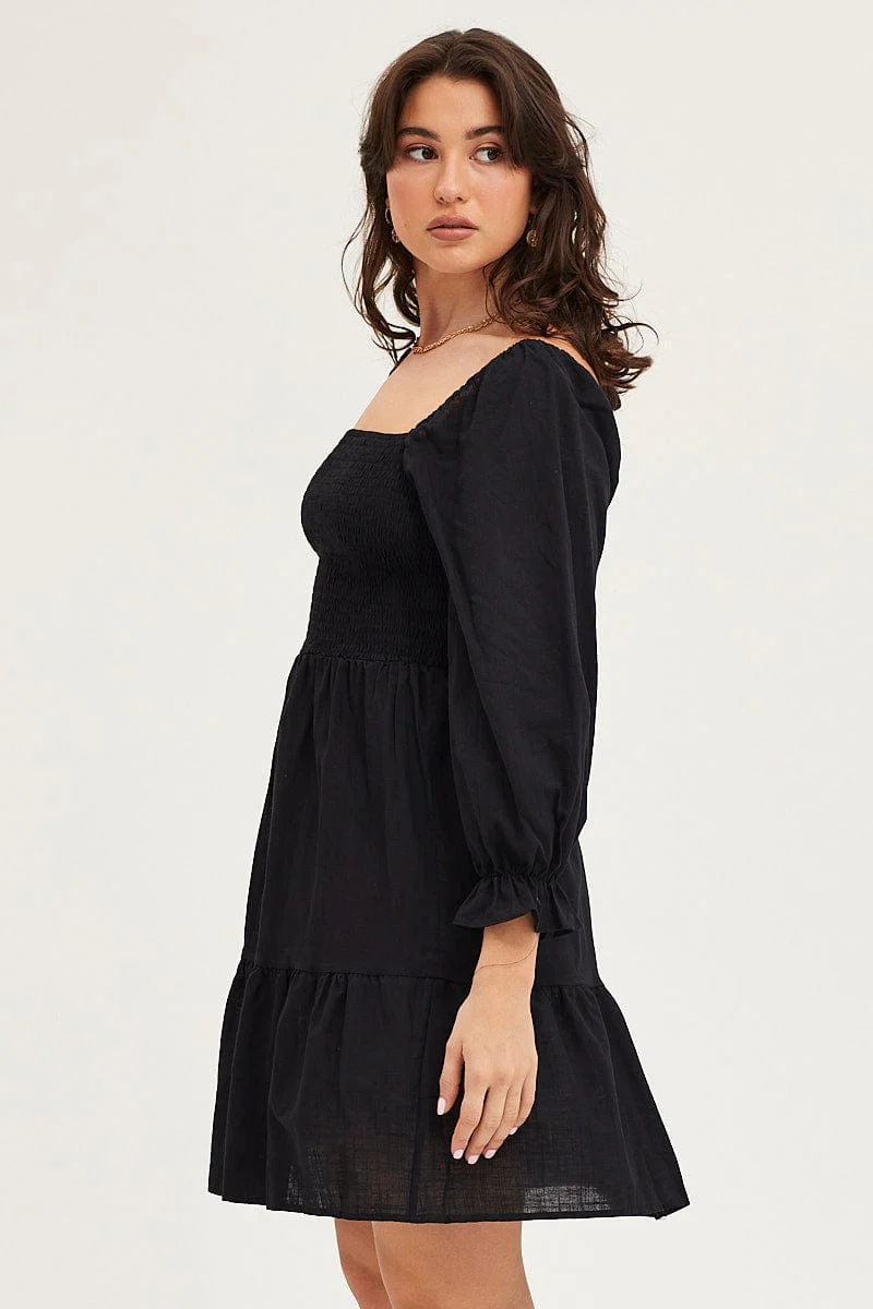 Black Skater Dress Puff Sleeve Mini - Image 4