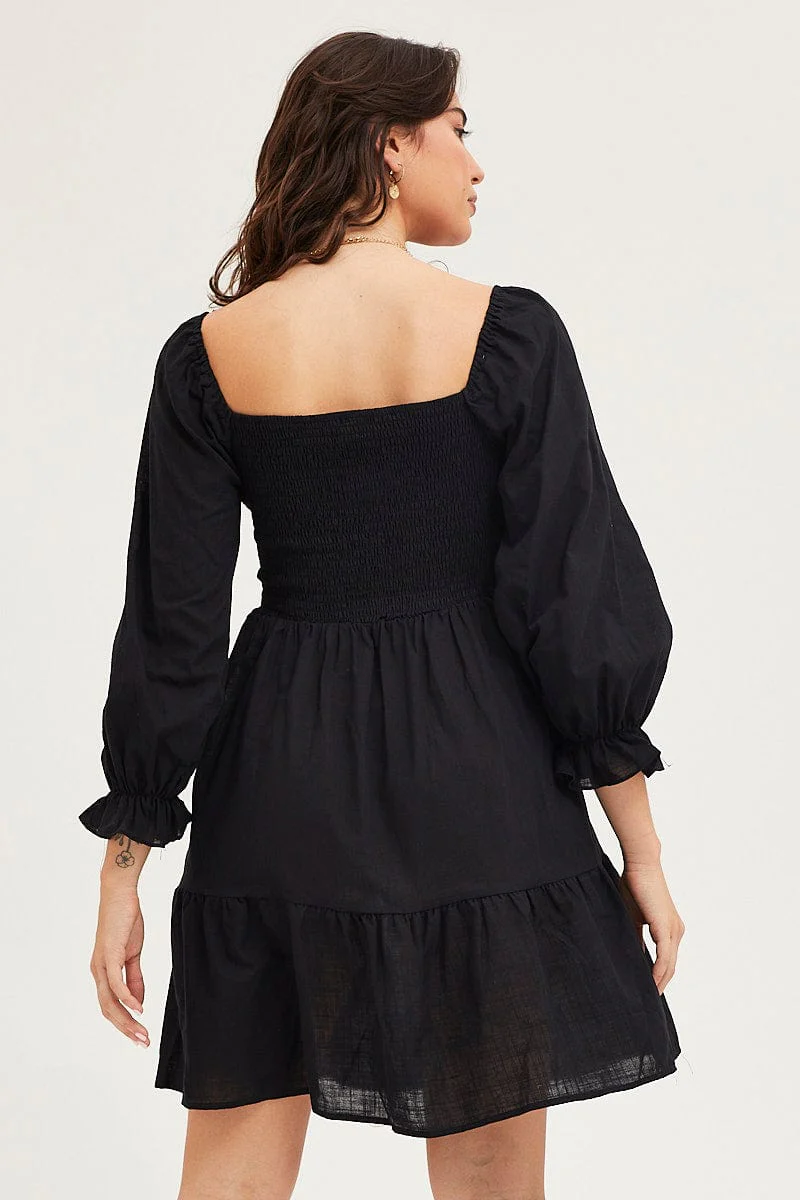 Black Skater Dress Puff Sleeve Mini - Image 5