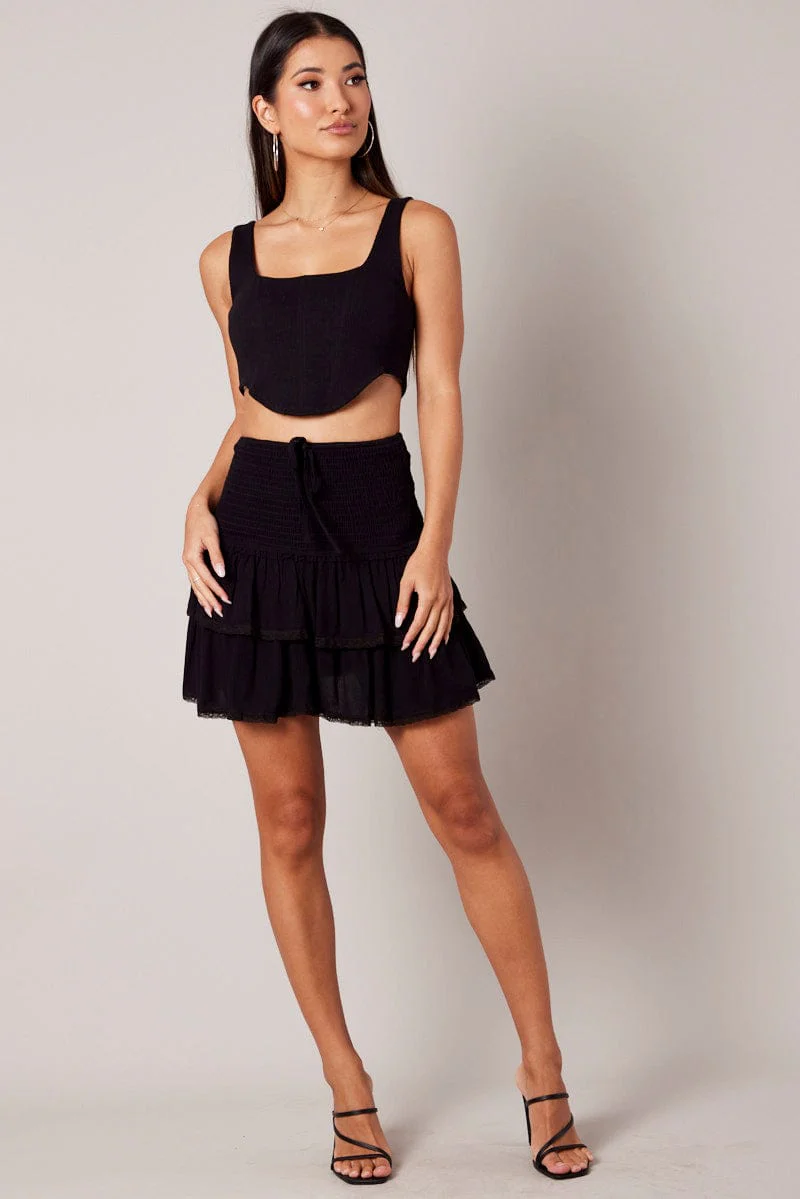 Black Skater Skirt Smocking Waist Mini - Image 2