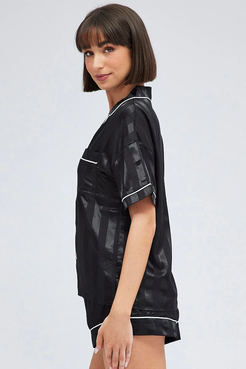 Black Stripe Pyjama Set Jacquard Stripe Satin Piping PJ - Image 4